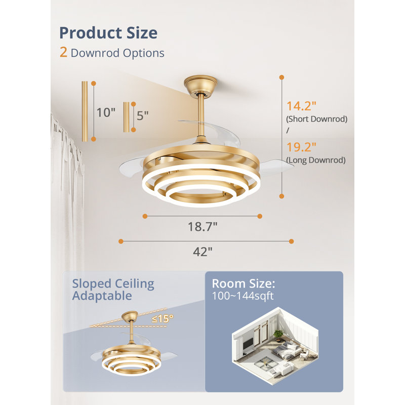  Ventilateur de plafond à pales invisibles de 42 po Cissline avec lumière et télécommande pour la chambre à coucher, la salle à manger et le salon