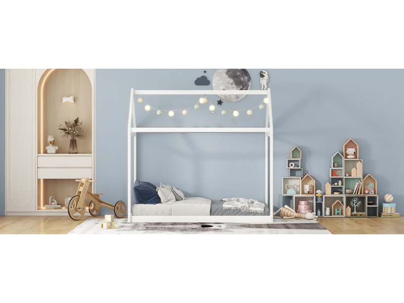 Twin Size Wooden House Bed, White, White