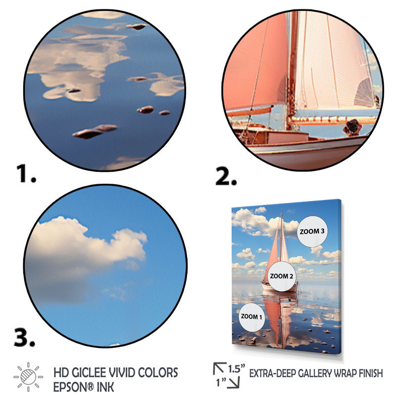 Voilier rose, nuage blanc, coucher de soleil, réflexion I sur toile, H 32 po x l 24 po x P 1 po, Cadre doré à une seule photo