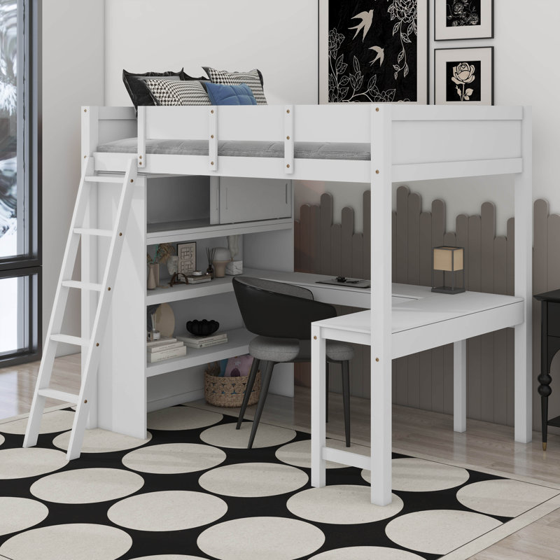 Lit mezzanine double avec bureau, Blanc