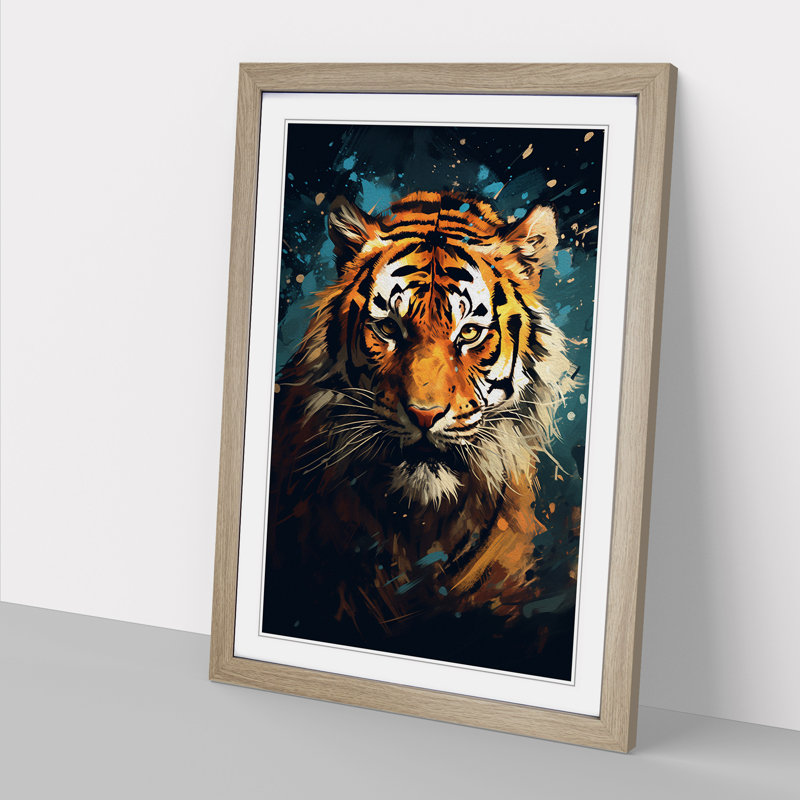 Tiger - Single Picture Frame Print on Wood, Oak Framed, 64cm H x 46cm W