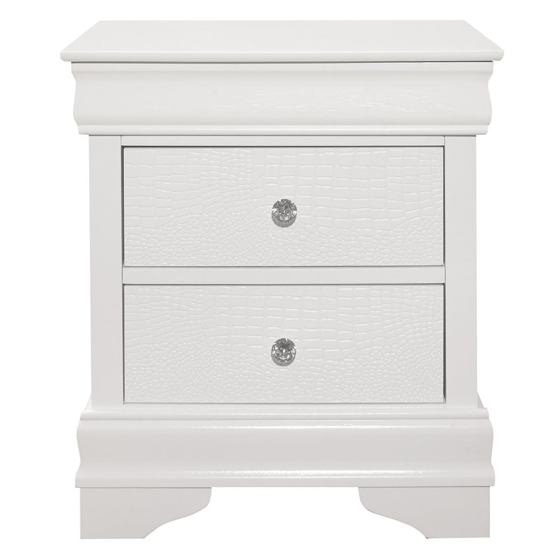 Table de chevet blanche avec 3 tiroirs texturés en faux alligator traditionnel