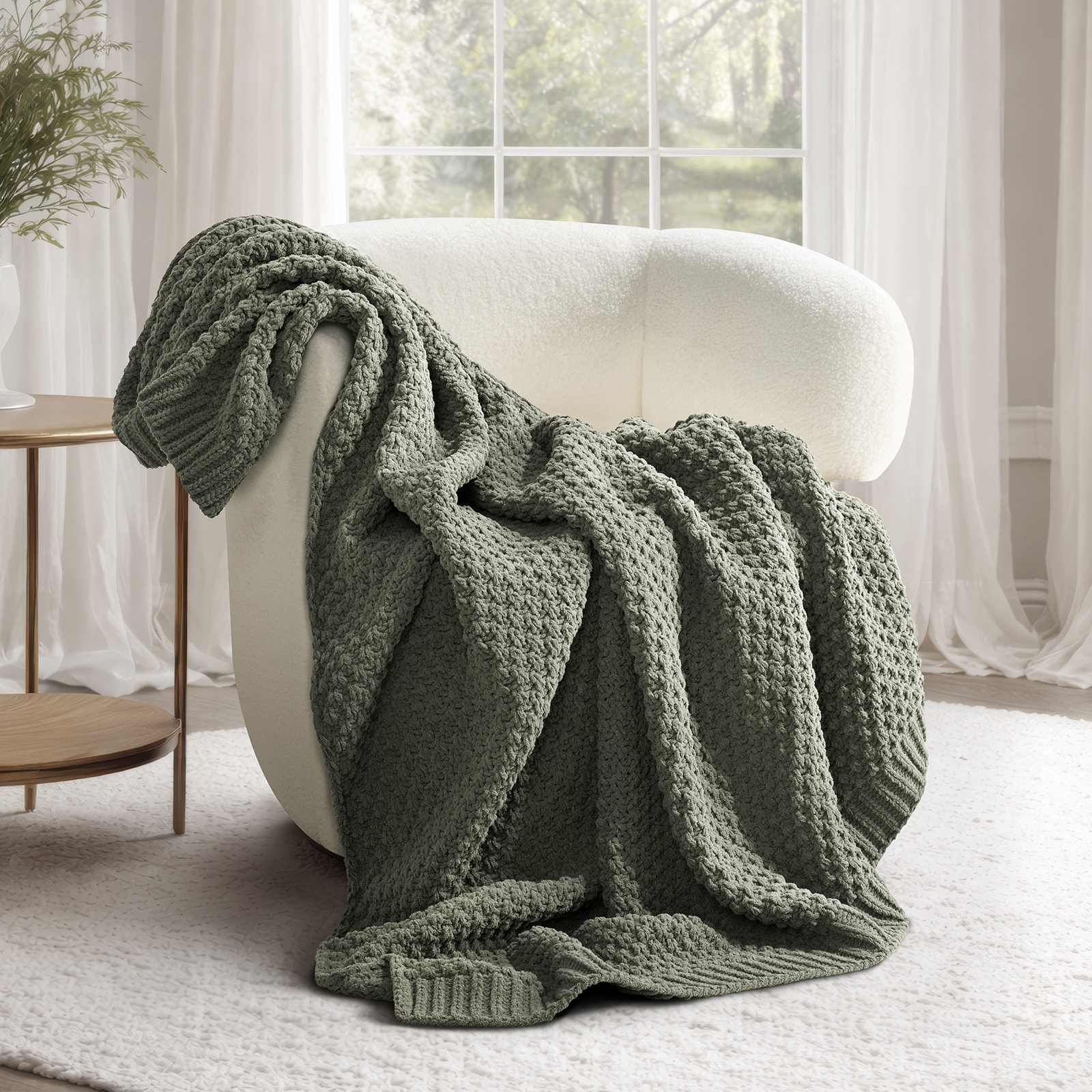 Chunky Chenille Knit Throw Blanket, 80" L x 60" W, Dried Thyme