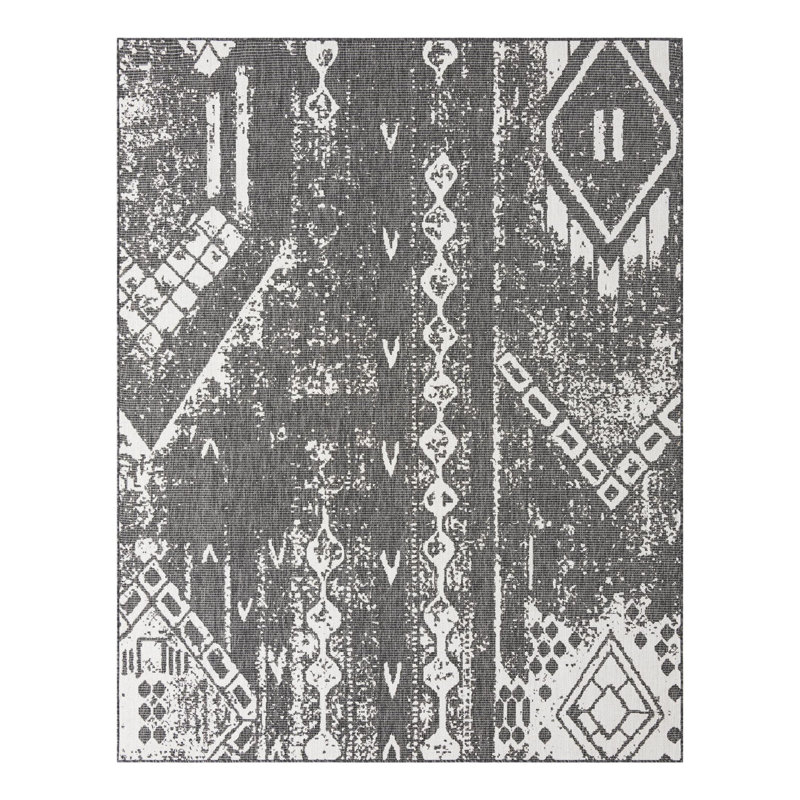 Tapis intérieur / extérieur gris anthracite / blanc en polypropylène tissé à la machine Wilmslow