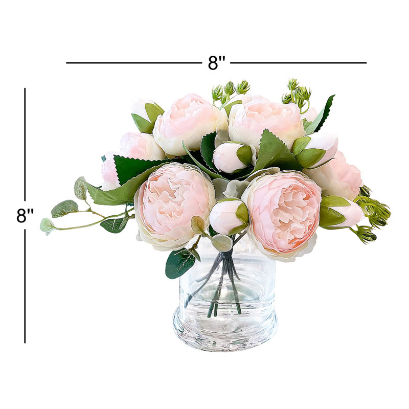 Silk Peonies In Glass Vase Arrangement, Pink Green Ombre