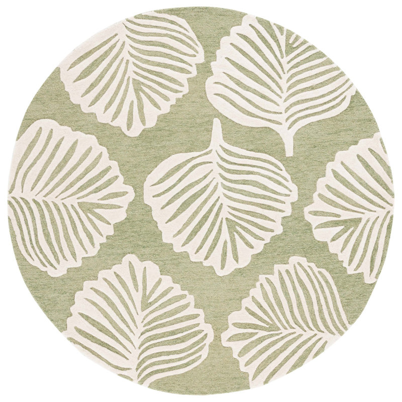Meranda Blossom Hand Tufted Wool Cotton Floral Rug in Green/White, Round 6'