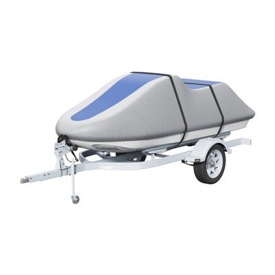 Housse de jet-ski, housse de motomarine imperméable sur remorque de 126 po à 135 po, tissu Oxford en polyuréthane robuste de qualité marine 600D, housse Seadoo résistante aux rayons UV avec sangles à boucles, housses de motomarines, gris et bleu