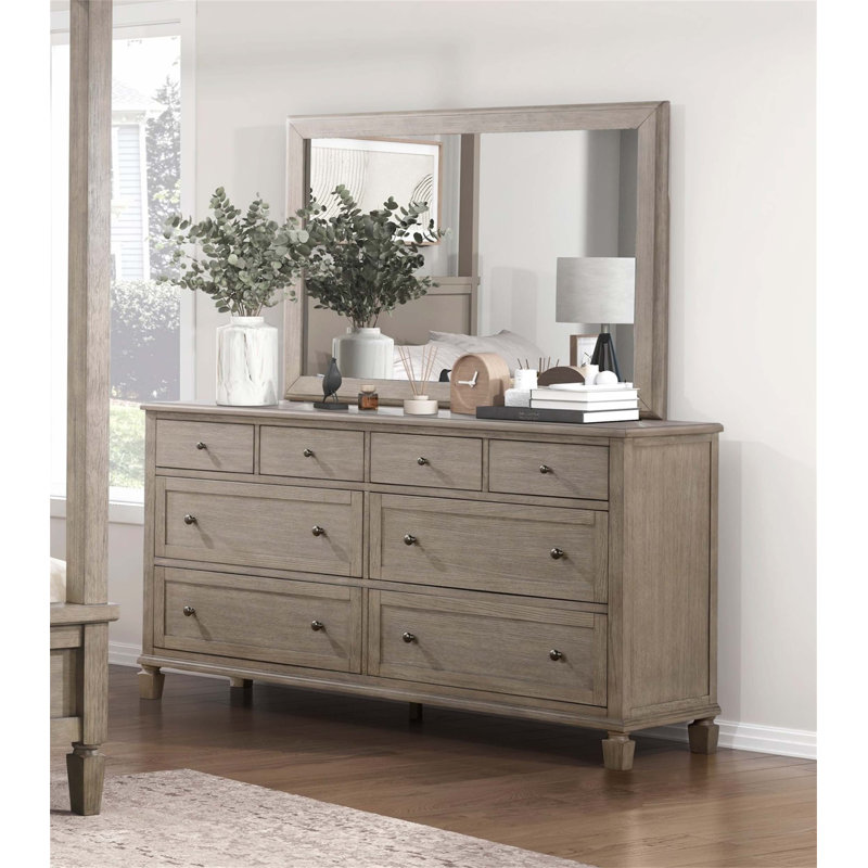 Commode classique 8 tiroirs en bois avec finition chêne gris et queue d'aronde pour un rangement élégant