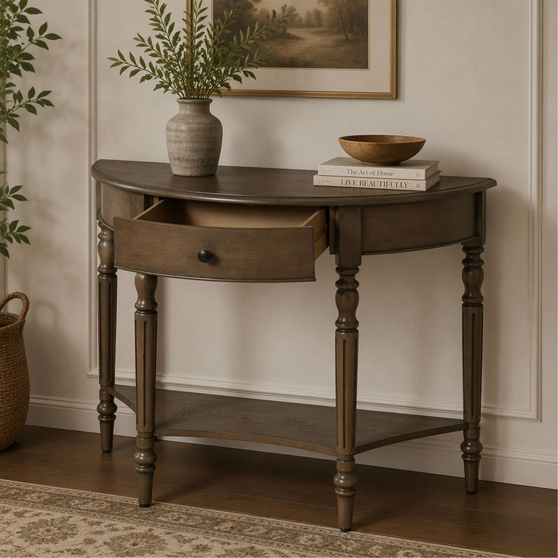 Console - Demi-lune - avec tiroir et tablette - Noyer - Maison de campagne - Rustique