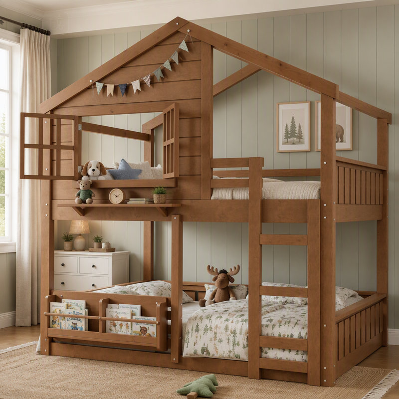Lit superposé en forme de maison pour enfants, cadre de lit multifonctionnel avec toit, tablette intégrée et barrières de sécurité, lit en bois avec échelle pour chambre d'enfant