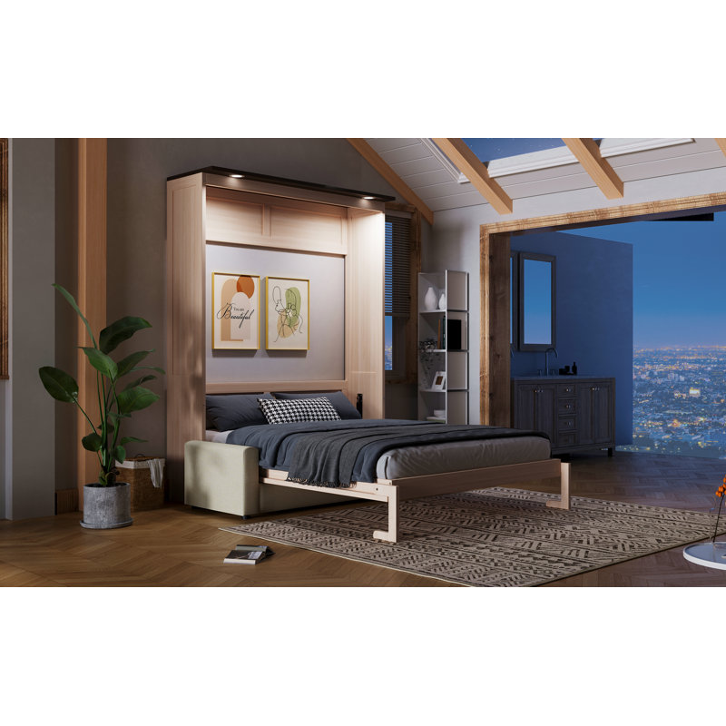 Grand lit escamotable grand avec canapé et DEL, beige