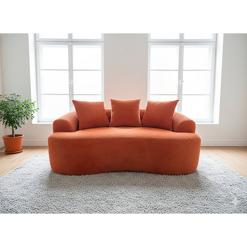 Causeuse courbée avec coussins à ressorts ensachés, petit canapé avec 3 coussins décoratifs, Velours côtelé orange-rouge