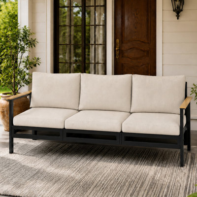 Canapé de patio rectangulaire de 203 cm de large, 3 places, avec coussins moelleux de 11,5 cm d'épaisseur, structure en acier robuste et résistante aux intempéries, idéal pour jardin, pelouse ou balcon, beige.