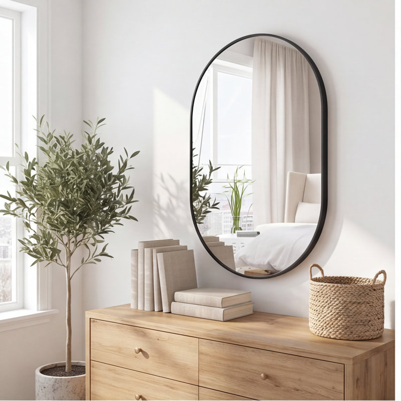 Miroir mural noir ovale, 20 po x 28 po, cadre en aluminium avec verre incassable