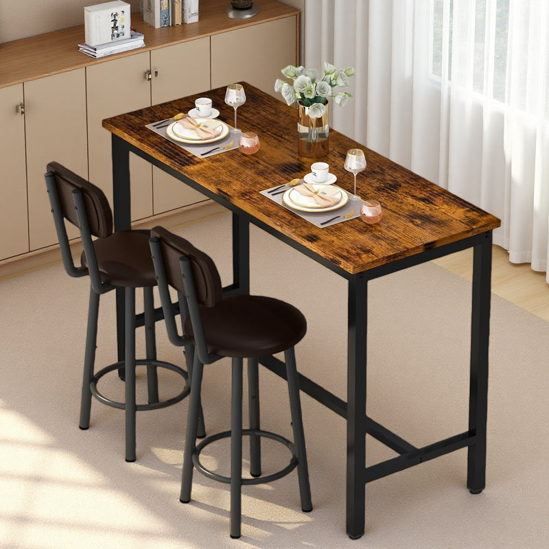 Industrial High Top Dining Set, Compact 3-Piece Pub Table With 2 Comfortable Stools, 2 Size & 4 Color Options For Studio & Cafe