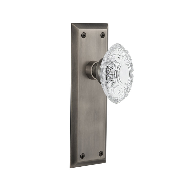New York Plate with Crystal Victorian Knob, 2-3/8”, Antique Pewter
