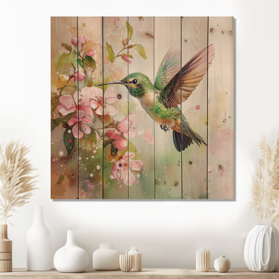 Hummingbird In The Blossoms III - Hummingbird Animal Wood Wall Art - On Natural Pine Wood
