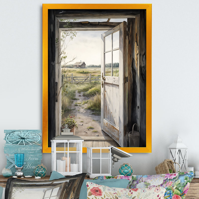 «View From A Cottage Country Door I - Farm Landscape», art mural, H 32 po x l 24 po, Cadre doré