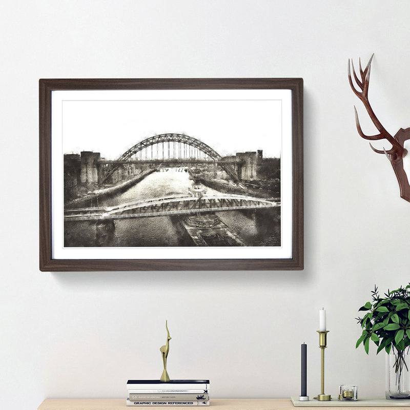 Tyne Bridge Linking Newcastle - Picture Frame Painting Print, Walnut Framed, 33cm H x 45cm W x 2cm D