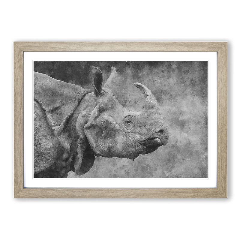 A Rhino - Picture Frame Painting, 36cm H x 48cm W x 2cm D, Oak Framed