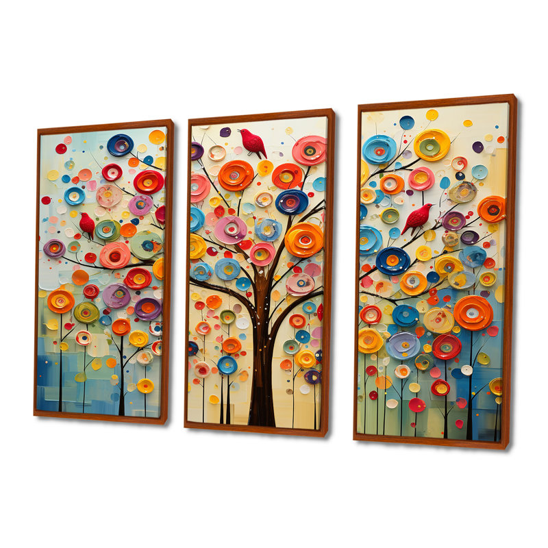 Arbre abstrait coloré 3 - Art mural africain, H 28 po x l 36 po x P 1 po, Cadre flottant brun