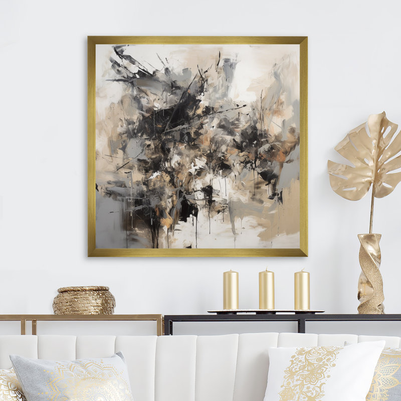 Gris noir intérieur des mondes de marbre III - art mural abstrait géométrique, H 36 po x l 36 po x P 1,5 po, Encadrement doré