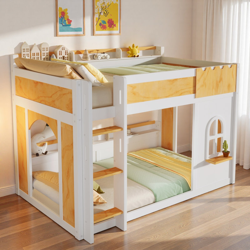 Lit superposé avec tablettes de rangement, fenêtre et 2 portes, Simple sur simple