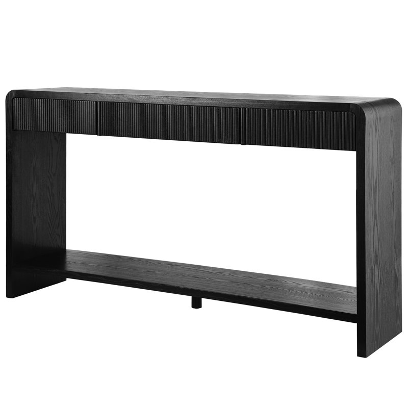 Modern 3 - Drawer Console Table With Vertical Slats And Rounded Edges, For Behind Black Frame, Wood Veneer, Long Term Durability Round Edge Slats, Ideal Hallway Solid Construction