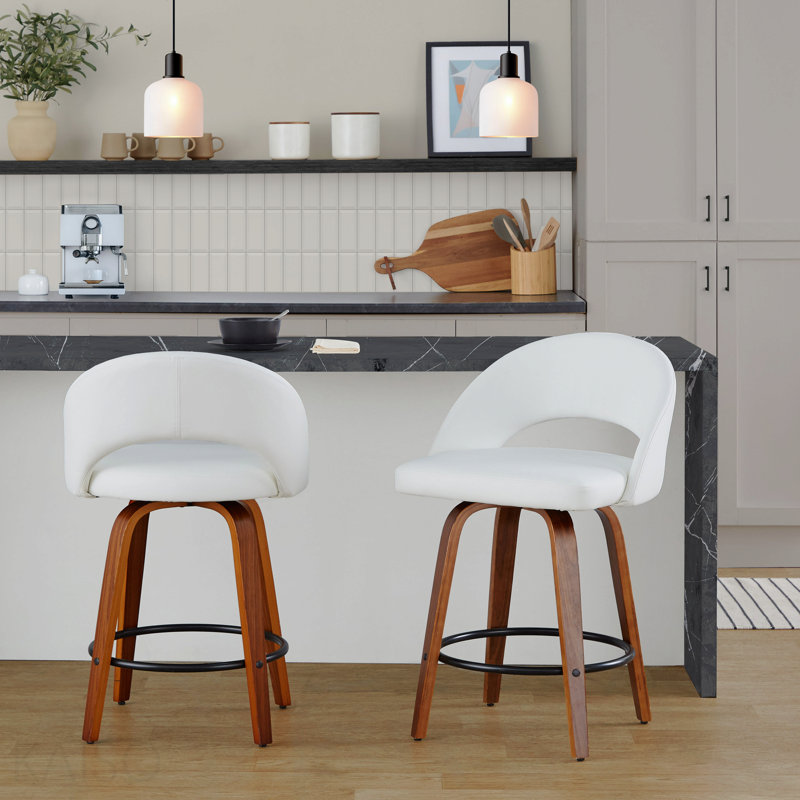 Tabouret de comptoir à hauteur fixe en bois de noyer et similicuir blanc avec repose-pieds rond en métal noir - ensemble de 2