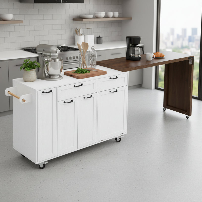 Wheeled Mobile Kitchen Island, Extendable Dining Table, Three-Tier Pull-Out Spice Rack, Trash Can Storage Cabinet – Ideal For Kitchens And Dining Rooms.