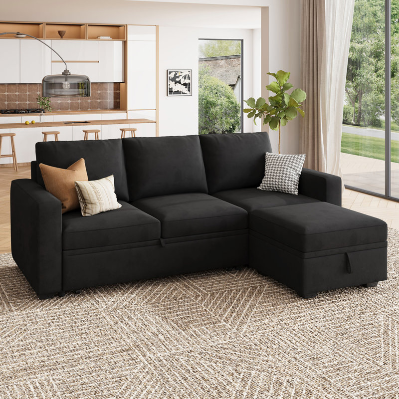 Anureet L-Shaped Sectional Modular Sofa Bed With Storage Seat, Black Velvet