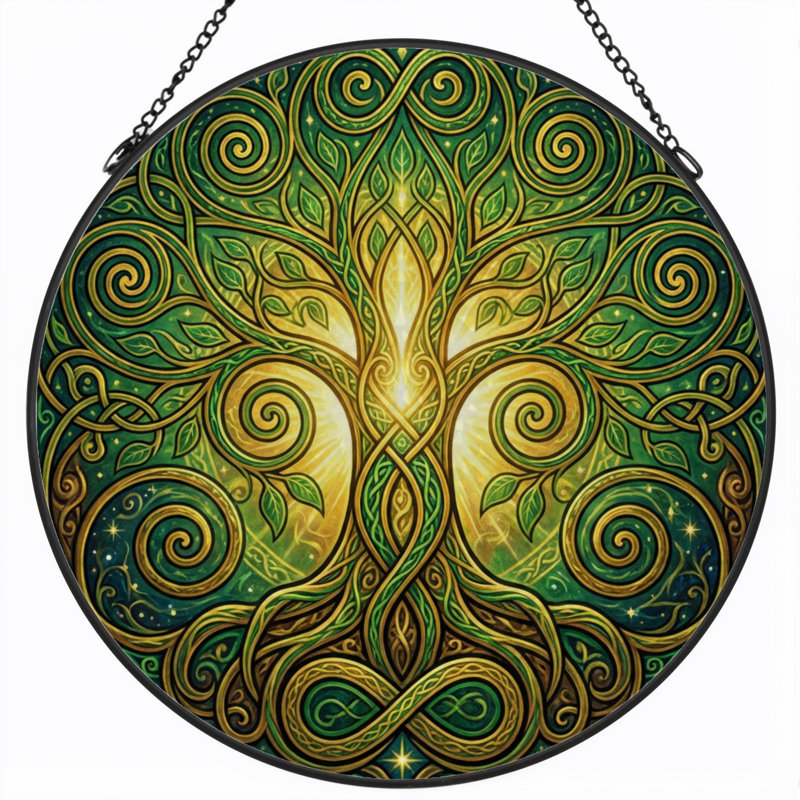 7.8"H Celtic Tree Stained Glass Window Panel, 7.8" H x 7.8" W