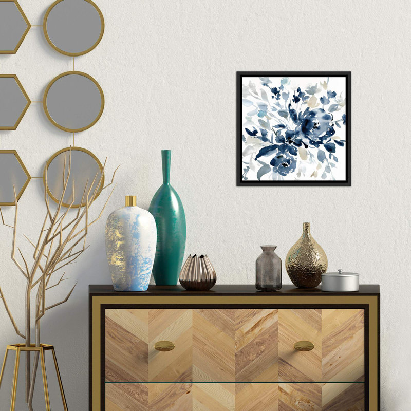 « indigo jardin i » par carol robinson, reproduction d’art, H 18 po x l 18 po x P 1,5 po, Toile avec cadre noir patiné