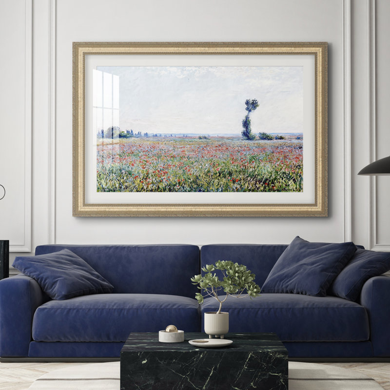 Poppy Field, 1881-Claude Monet-Custom Framed Canvas, 28x40 INNER SIZE, Framed Print with Mat, Champagne Leaf Relief