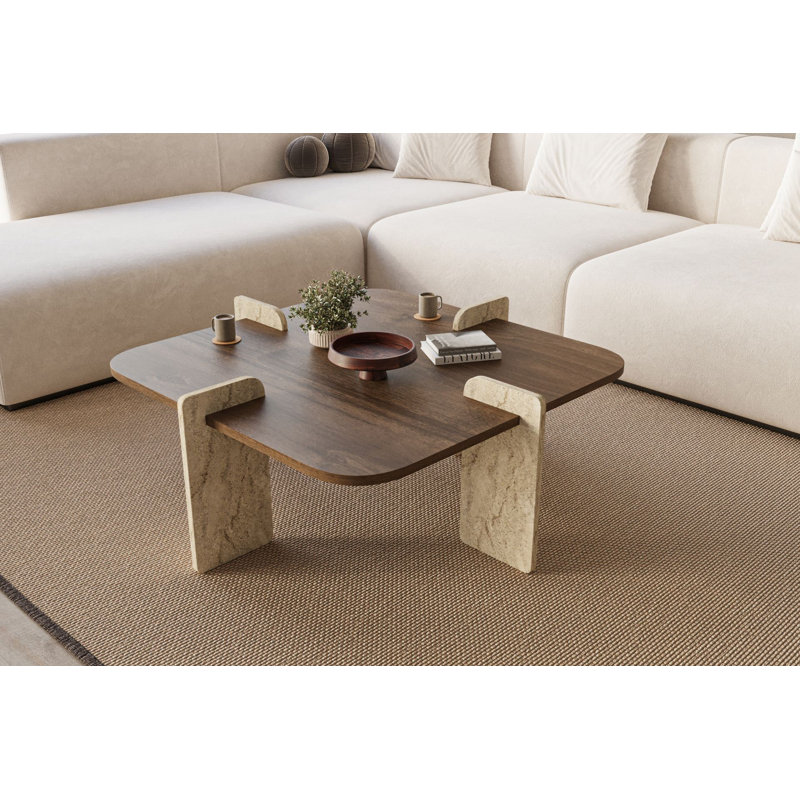 Table basse carrée en travertin et noyer, Beige, Travertin noyer