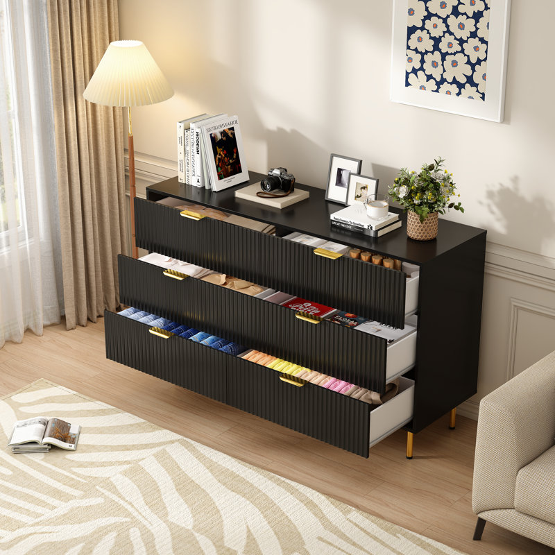 Commode 6 tiroirs à cannelure noire pour chambre à coucher, commode en bois de 56 po de largeur, Noir