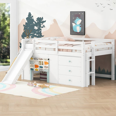Lit mezzanine double pleine grandeur blanc avec glissière et trois tiroirs de rangement - Design moderne, matériaux, aucun sommier nécessaire, facile à installer
