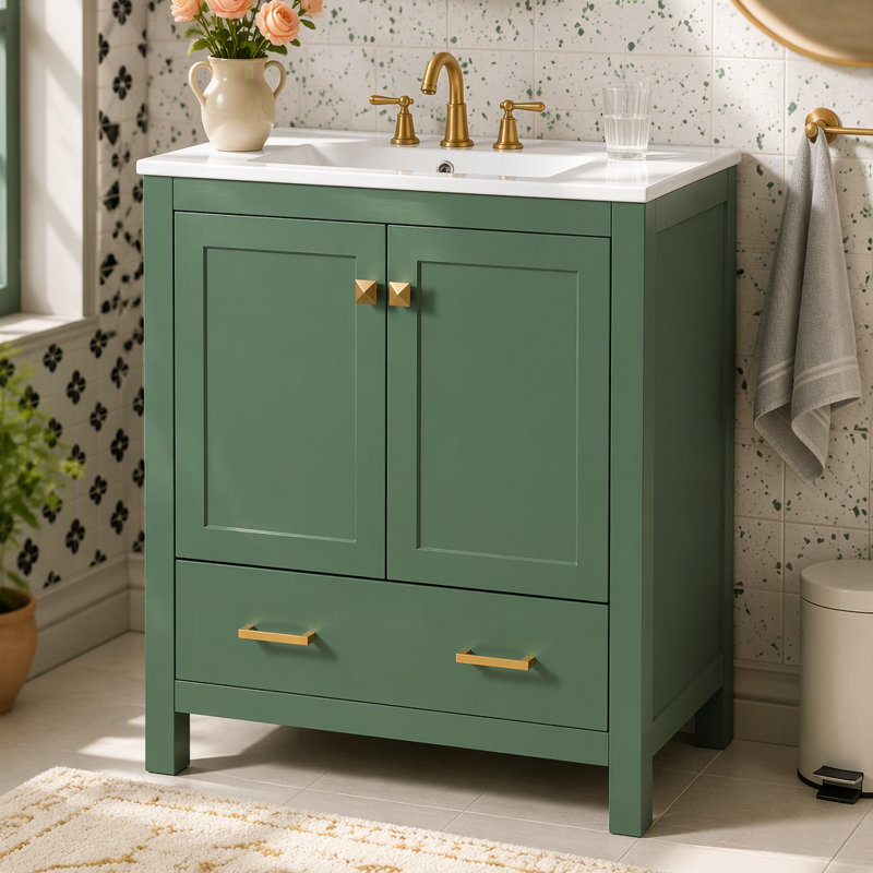 Meuble-lavabo de 30 po avec lavabo simple, lavabo sous le comptoir, armoire de rangement pour la salle de bain avec 2 portes et un tiroir, fermeture en douceur, rangement multifonctionnel