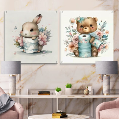 Bunny With Roll Of Toilet Paper And Flowers IV - Bathroom Acrylic Wall Art Glass Set Of 2