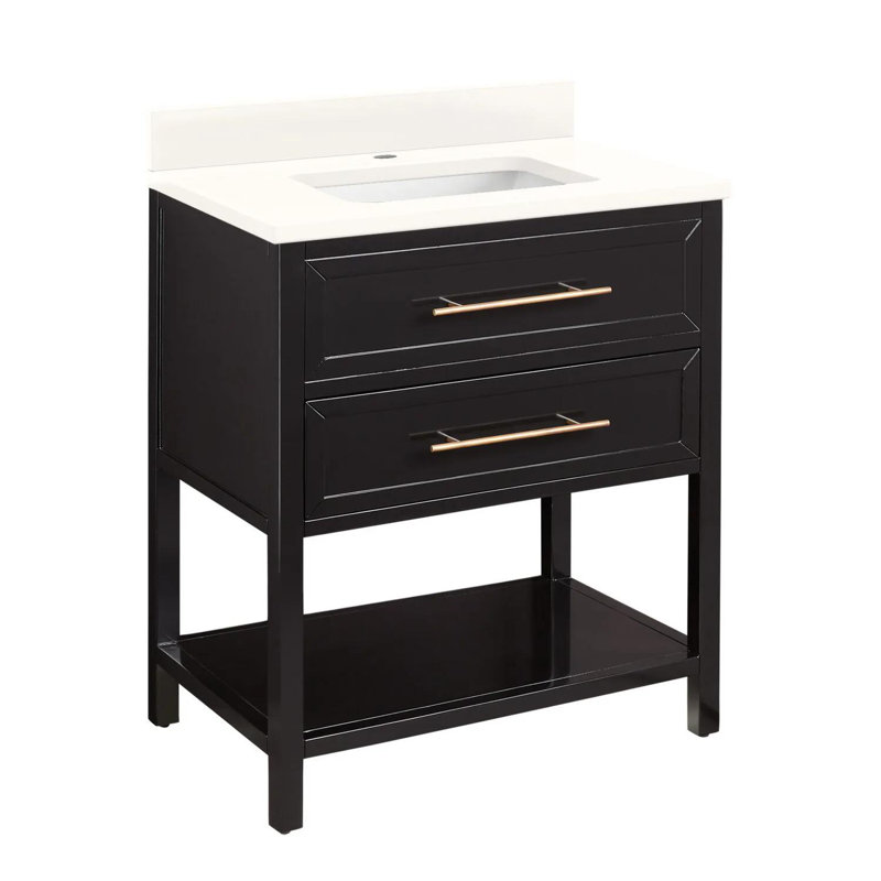 30" Robertson Single Bathroom Vanity Set with Rectangular Undermount Sink, Single Hole, Black, Feathered White Quartz