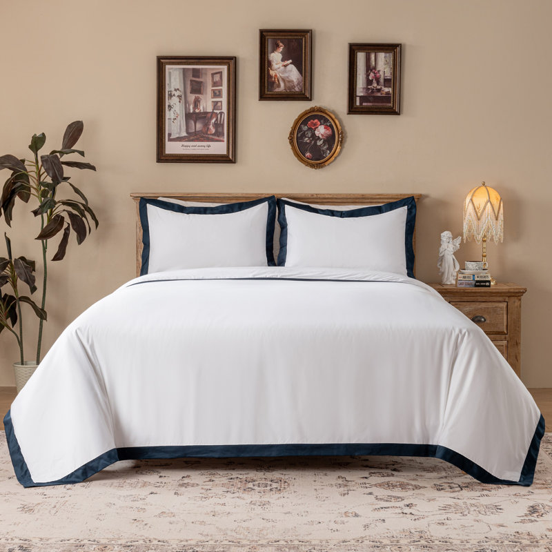White Hotel Collection Duvet Cover Set with Contrast Flange, 400 Thread Count Long Staple Cotton, OEKO-TEX Certified, Navy