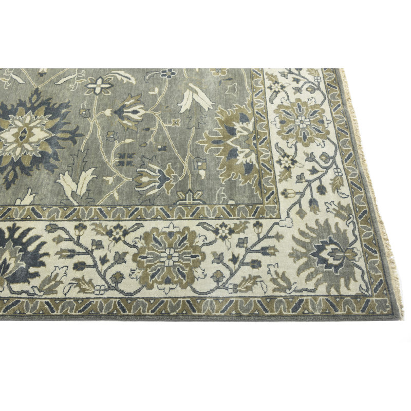Floral Handmade Hand-Knotted Rectangle 9'1" x 11'10" Wool Area Rug in Cream