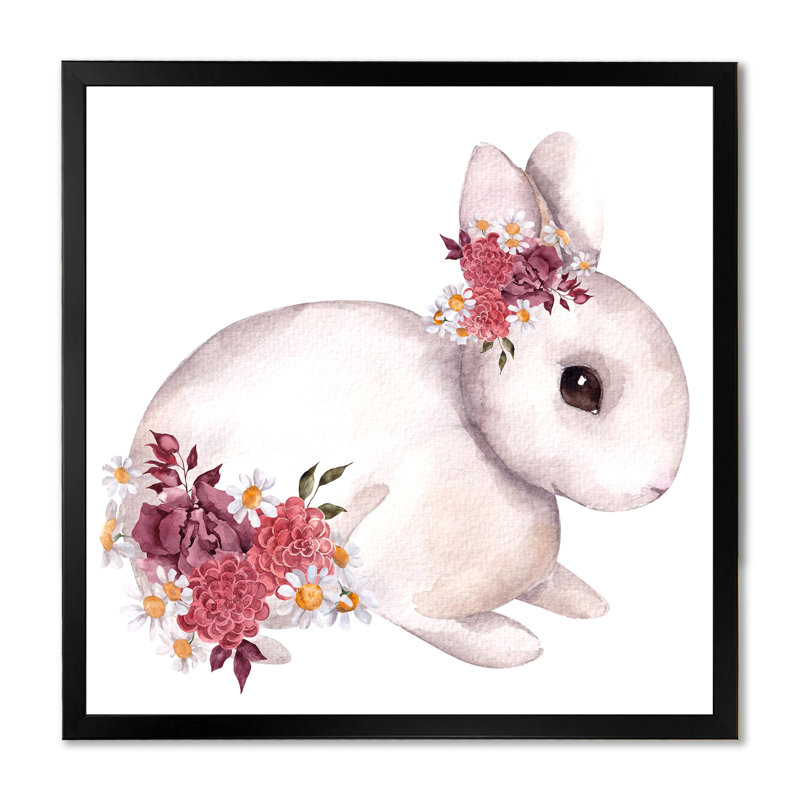 Mignon lapin et fleurs et feuilles d'automne - Peinture sur toile, H 30 po x l 30 po x P 1 po, Cadre photo noir
