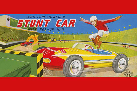 « friction powered stunt voiture », affiche rétro, H 44 po x l 66 po
