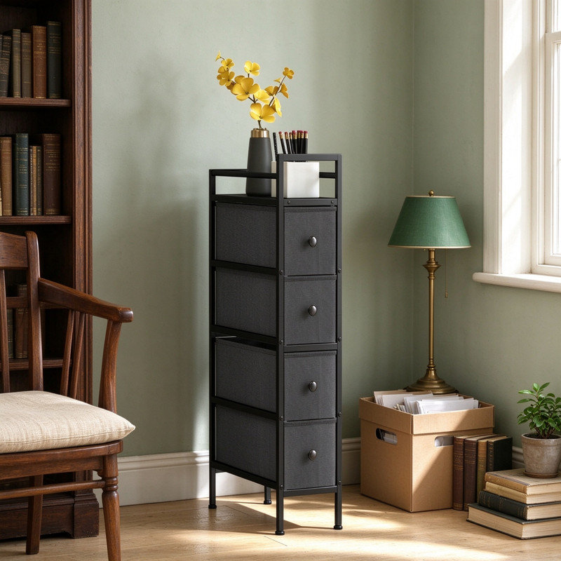Black 4-Drawer Fabric Dresser, Slim Chest of Drawers with Steel Frame for Small Spaces, Bedroom Storage Cabinet