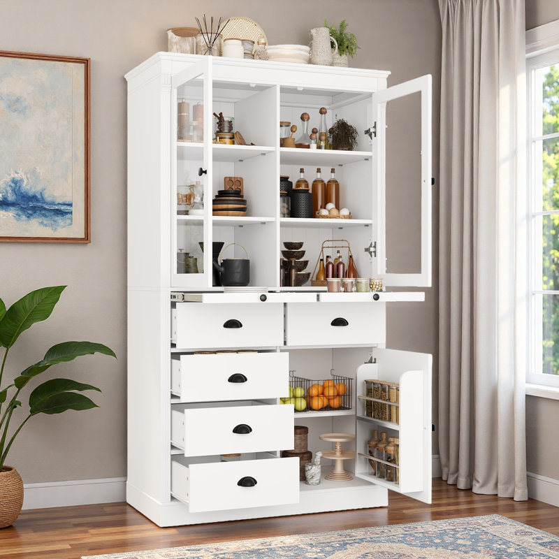 Armoire garde-manger en verre avec portes et plateaux de service, Blanc