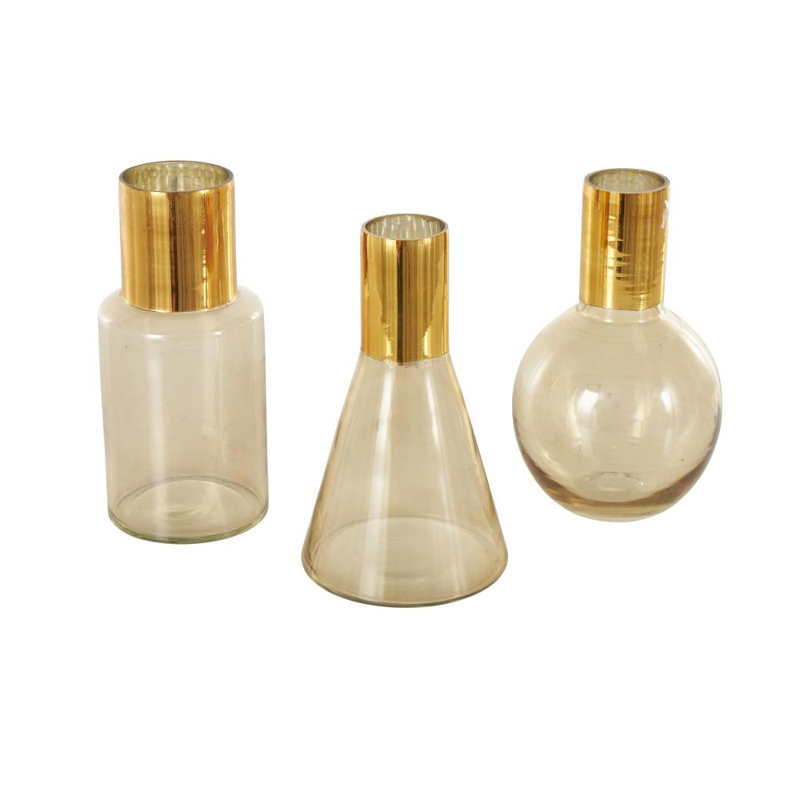 Jaelys Glass Tinted Decorative Vase with Shiny Round Opening Set, Gold, 8.45" H x 4.85" W x 4.8" D