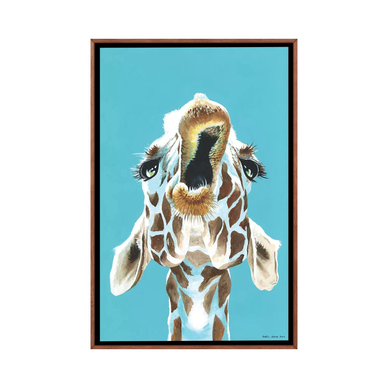 Having A Giraffe by Kirstin Wood - Painting on Canvas, 152.5 cm H x 101.5 cm W, Classic Brown Wood Framed
