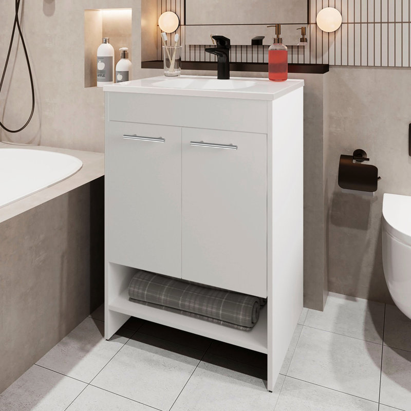Meuble-lavabo blanc 2 portes pour salle de bain avec espace de rangement ouvert - Complément de panneau de particules 34,6 H x 23,2 l 17,7 po dans des articles de toilette de 34,6 po de hauteur, 23,2 po de largeur et 17,7 po de profondeur