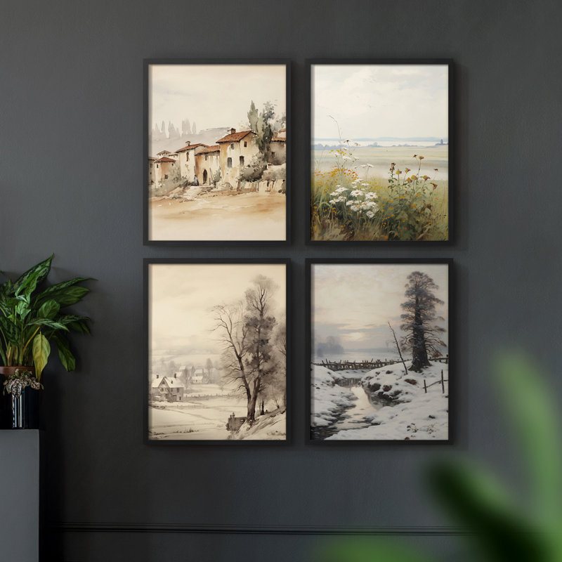 "Paysage rétro", 4 pièces sur papier, H 10 po x l 8 po, Noir